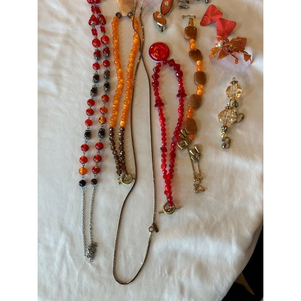 Vintage Red & Orange Beaded Necklace, Bracelet & Clip Earrings Jewelry Lot #2 - - Picture 3 of 5